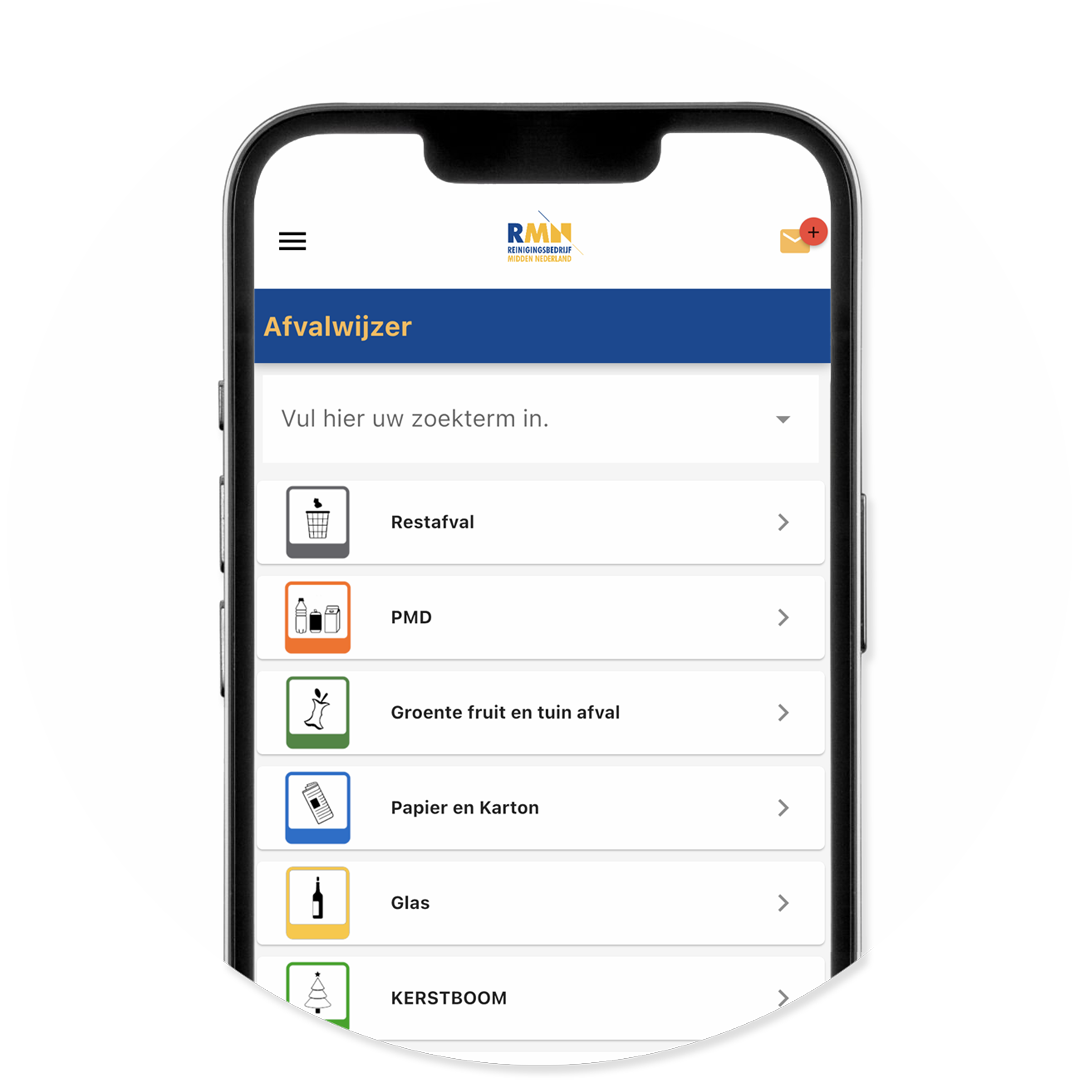 Overzichtspagina in RMN app met iconen van afvalsoorten.